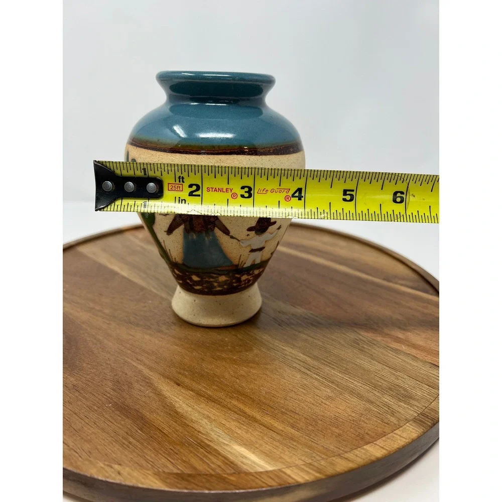Mexican Pottery Vase Turquoise Teal Desert‎ Scene Cactus Figures '06